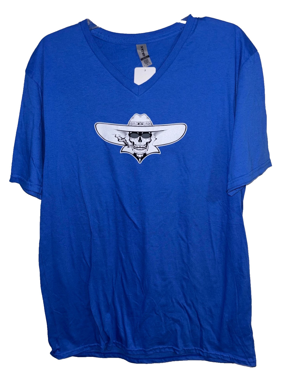 Bone Daddy’s Custom Cycle Shirt L Blue V-Neck Skull Red Lodge Montana Large NWT